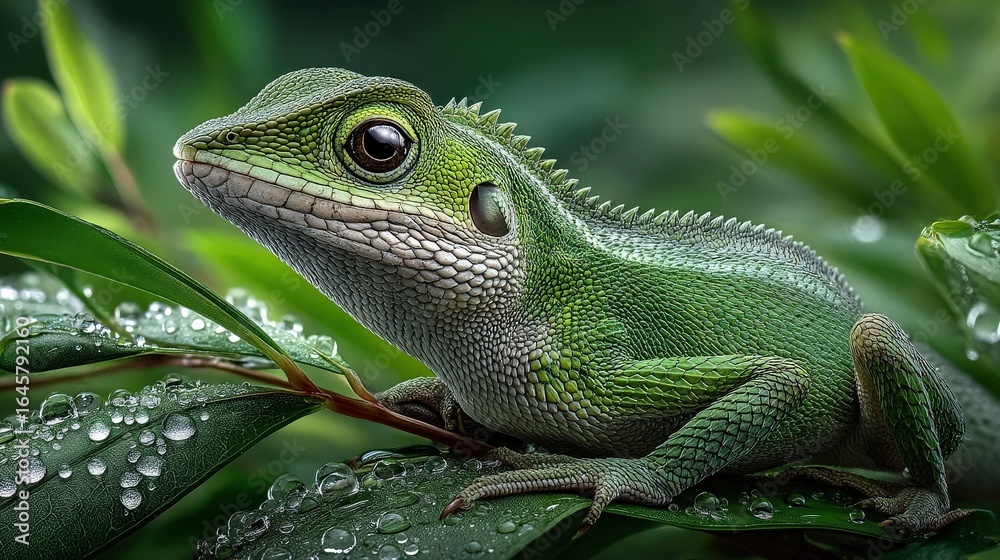 Fototapeta premium Lizard resting on green leaves with dew drops in natural habitat.