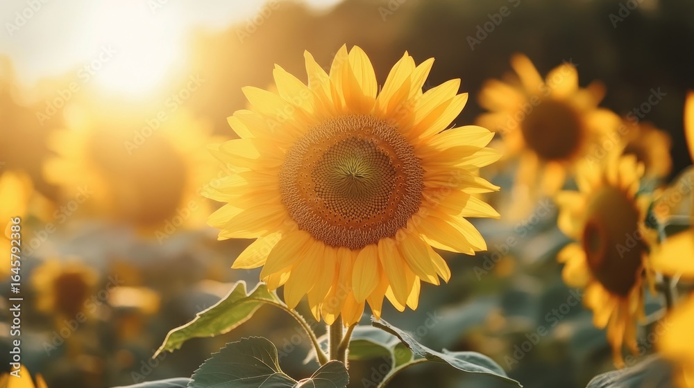 Naklejka premium Sunflowers in a field at sunset