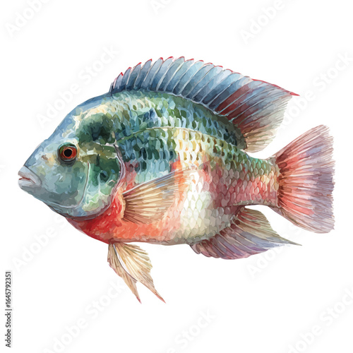 Watercolor vector illustration of Tilapia, isolated on white background.