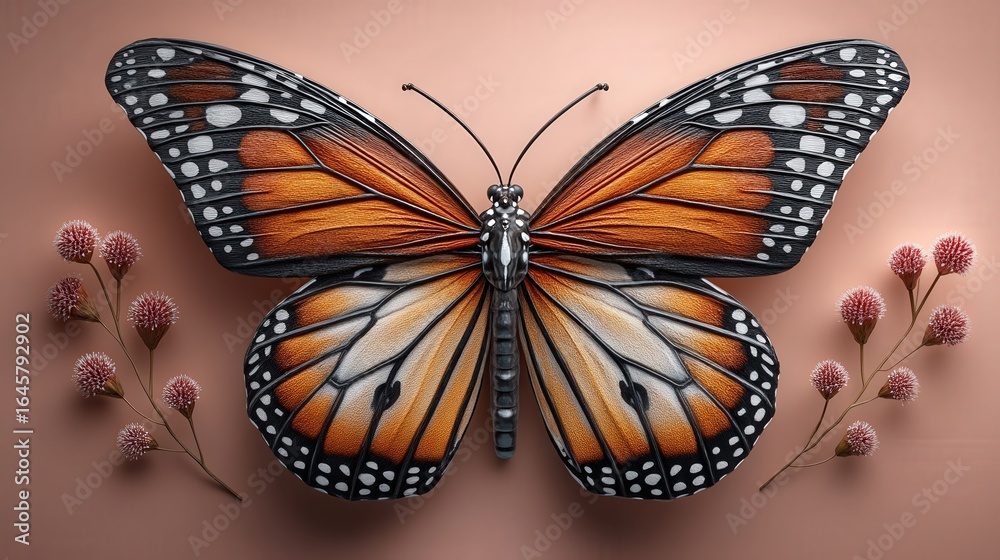Fototapeta premium Intricate butterfly illustration with delicate floral elements.