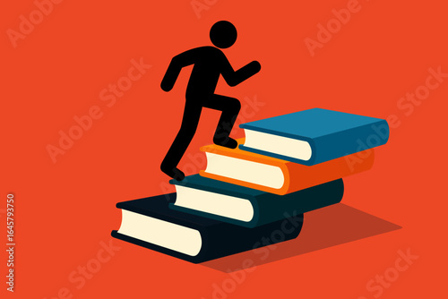 Climbing Book Stairs – Knowledge and Education Success Concept, Vector Illustration