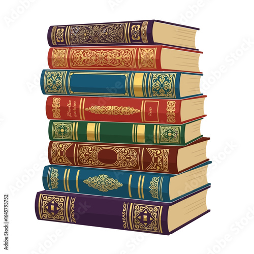 Vector art of stack of antique books with ornate covers isolated on white background