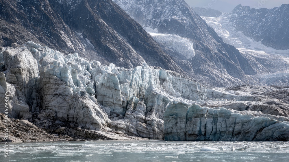 Fototapeta premium Melting glacier with water flowing between icy ridges, climate contrast, monumental beauty and fragility of ice