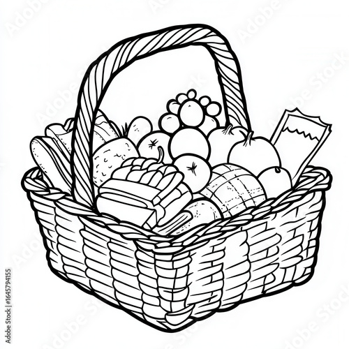 Black And White Line Art Illustration Of A Wicker Picnic Basket Filled With Fruit And Bread