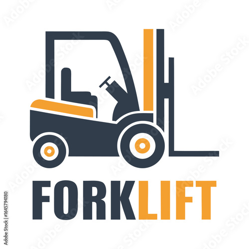 Stylized dark blue and orange forklift truck graphic with text vehicle industrial