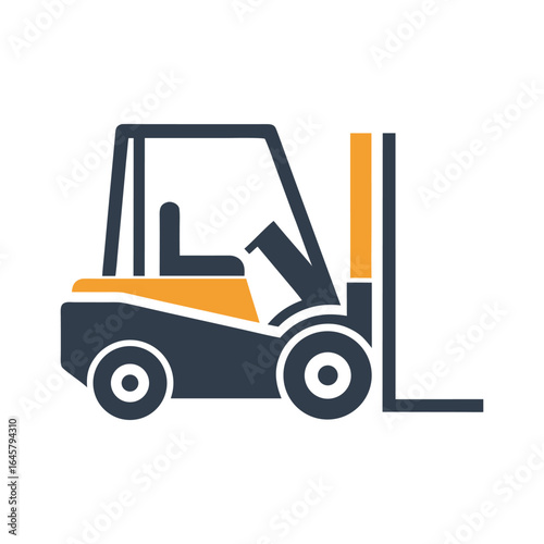 Dark blue and orange forklift truck icon on white background vehicle industrial