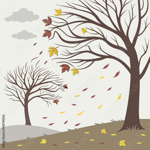 Illustration of two trees with falling leaves in autumn season and cloudy sky in windy weather scene