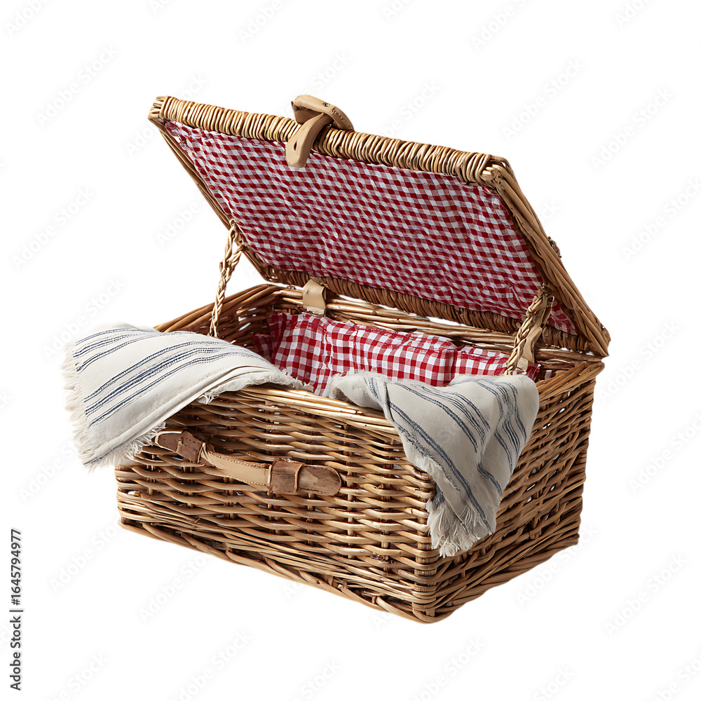 Obraz premium Wicker picnic basket with red checkered lining and folded blankets isolated on transparent background