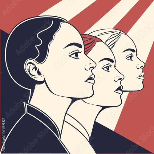 Illustration featuring three women in profile with a red and white striped background design element