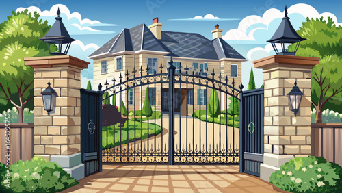 Black aluminum double swing gate with dog gate provides elegant, secure access to upscale residential property. Paved driveway leads to beautiful stone house exterior with manicured ..