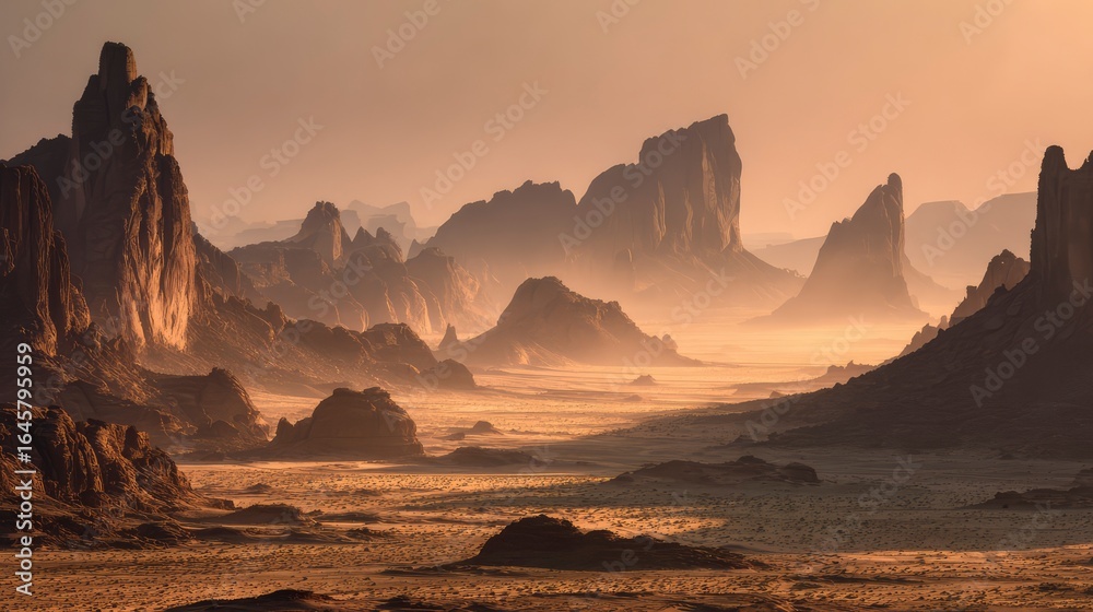 Naklejka premium Vast desert valley with towering rock formations and glowing sunrise haze, endless emptiness