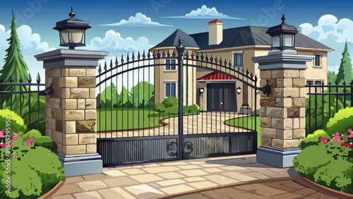 Black aluminum double swing gate with dog gate provides elegant, secure access to upscale residential property. Paved driveway leads to beautiful stone house exterior with manicured ..