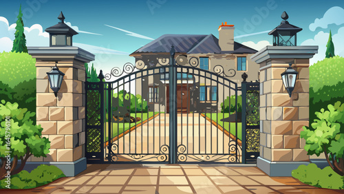 Black aluminum double swing gate with dog gate provides elegant, secure access to upscale residential property. Paved driveway leads to beautiful stone house exterior with manicured ..