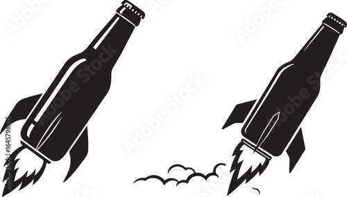 Two beer bottles transformed into rockets launching upwards silhouette