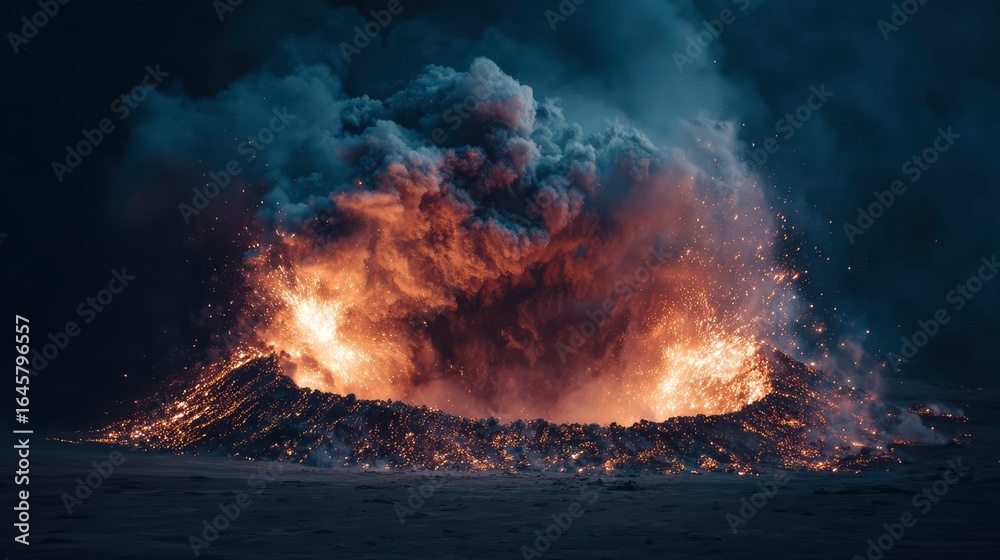 Fototapeta premium Volcano crater exploding into sky, illuminated smoke plume, sparks and ash in motion, apocalyptic scenery