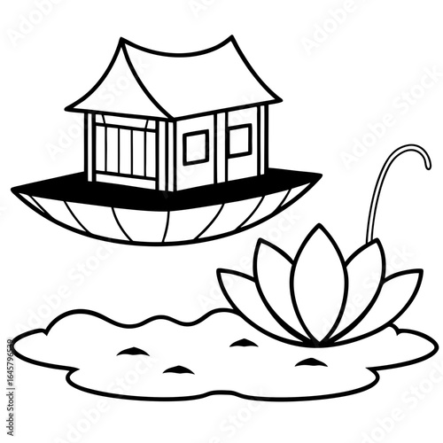 "Floating wooden cabin tethered to a giant lily pad in a serene pond, fantasy botanical setting"