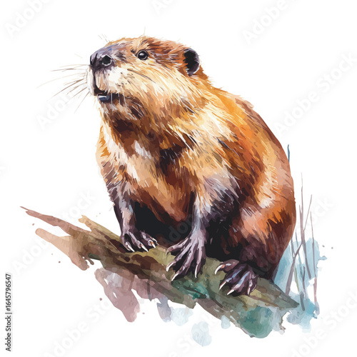 Watercolor vector illustration of Beaver, isolated on white background.