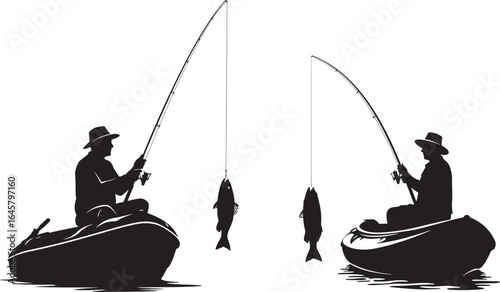 Two fishermen in boats casting lines with fish caught silhouette