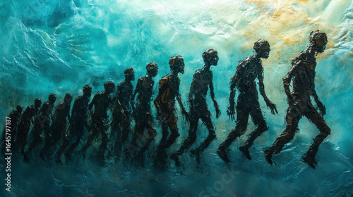 Abstract Progression of Humanoid Figures in Teal Water