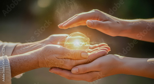 An enlightened orb held by a person while another person's hand hovers above it, representing healing and energy transfer in medicine.