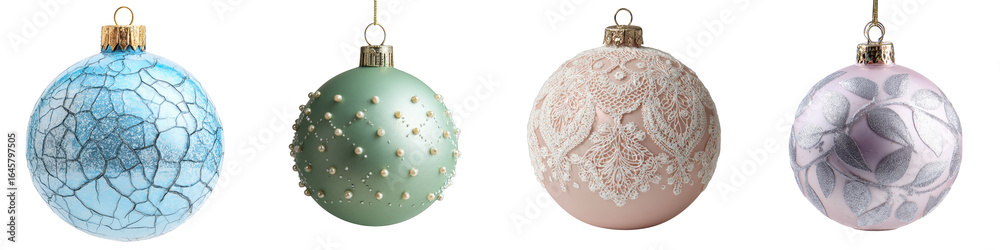 Fototapeta premium Decorative Christmas ornaments in various colors and designs on transparent background