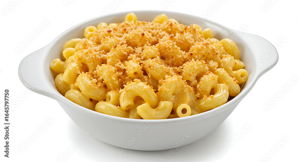 macaroni and cheese, creamy cheddar sauce, topped with crispy breadcrumbs, served in a white ceramic bowl, isolated on white background macaroni and cheese, creamy cheddar sauce, topped with crispy breadcrumbs, served in a white ceramic bowl, isolated on white background