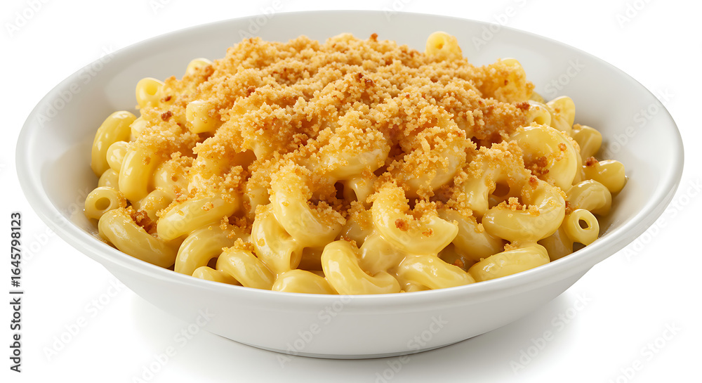 macaroni and cheese, creamy cheddar sauce, topped with crispy breadcrumbs, served in a white ceramic bowl, isolated on white background macaroni and cheese, creamy cheddar sauce, topped with crispy breadcrumbs, served in a white ceramic bowl, isolated on white background