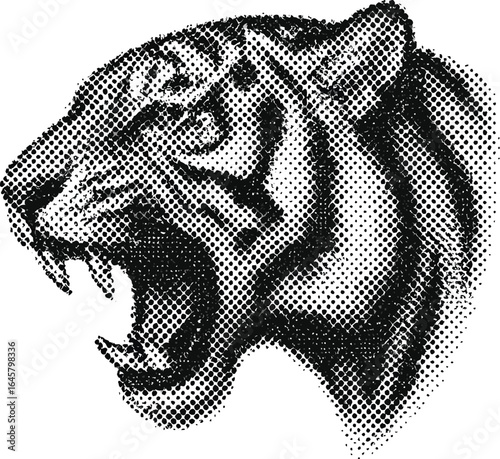 "Halftone Illustration of Roaring Tiger Head in Black and White"