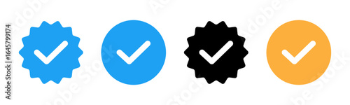 Blue tick verified social media account icons. approved profile sign. black, gold and blue tick in circles and rounded corner star. vector illustration on transparent png background.