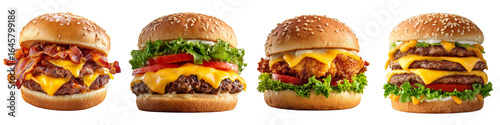 Delicious gourmet burgers stacked high with fresh ingredients on transparent background