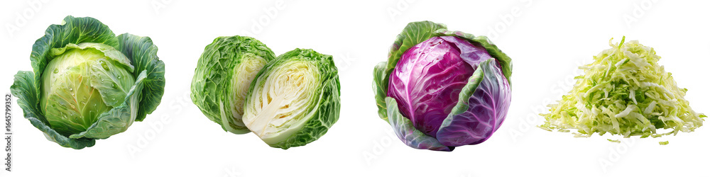 Obraz premium Cabbage heads sliced pieces and shredded on transparent background