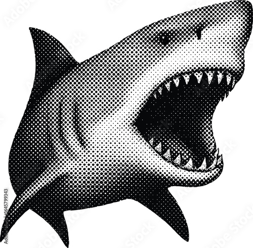 "Halftone Illustration of Aggressive Shark in Black and White"