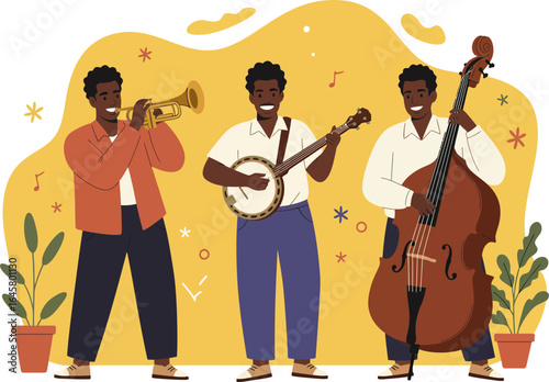 Three happy African American men are depicted playing different jazz instruments: trumpet, banjo, and double bass.