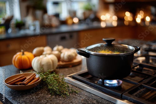 A warm kitchen scene with a pot simmering on the stove alongside pumpkins and aromatic herbs, representing the delightful essence of cooking during the autumn season.