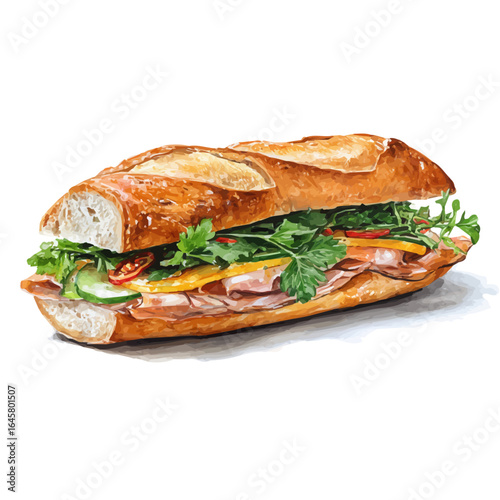 Banh Mi, watercolor painting, vector illustration, isolated on a white background.