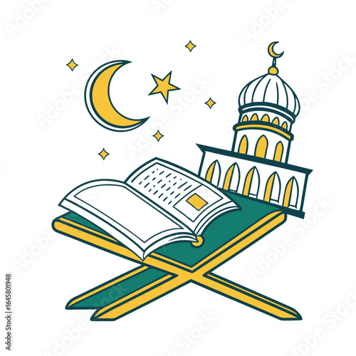 Islamic holy book quran on a rehal stand with mosque, crescent moon, and stars, isolated on white background