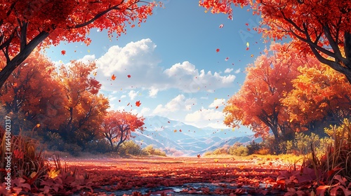 紅葉の並木道と遠くの山々が広がる秋の風景イラスト