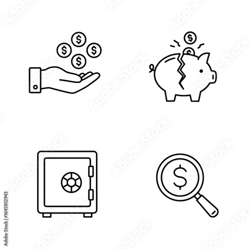 Hand holding money coins, broken piggy bank, safe, and magnifying glass - Concept of set of line icons  