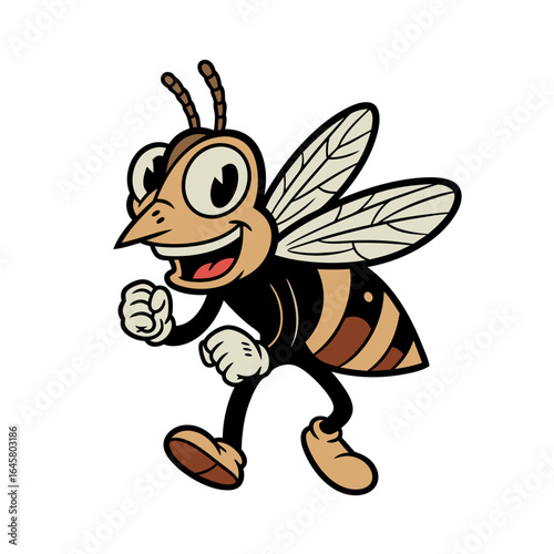 A charming cartoon bee with brown and yellow stripes, large eyes, and short legs, striding across a white background. Its fists are clenched tightly
