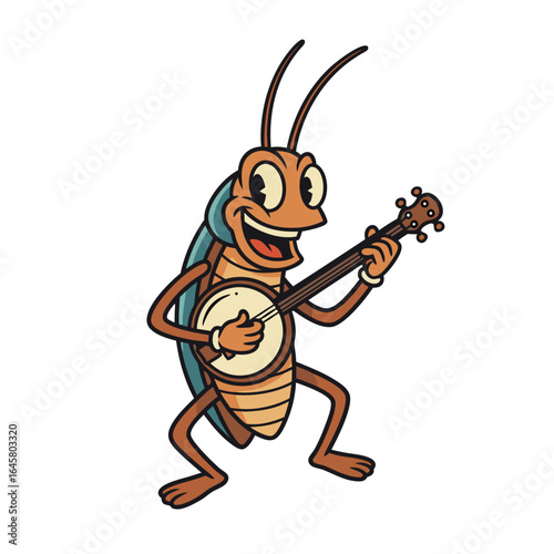 Illustration of a happy cartoon insect playing a stringed instrument. The insect is brown and teal, with large eyes and a wide smile. The instrument is light brown with dark brown details. The style