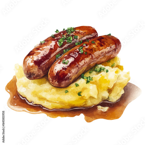 Watercolor vector illustration of Bangers And Mash, isolated on white background.