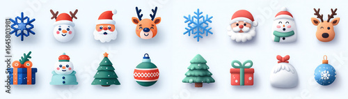 Set of Christmas, New Year emoji blue snowflake, Santa Claus, deer, snowman, gift bag, Christmas tree, New Year ball isolated on white background. Web design element for chat, talk and messages