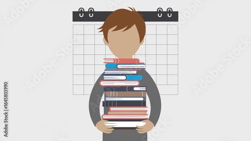 a boy holding a many stack of books with empty calendar background. simple and minimalist academic pressure concept illustration.