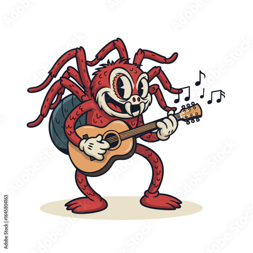 Cartoon illustration of an insect playing a stringed instrument. The insect is depicted in a retro style with a smiling face and large eyes. Musical notes are visible nearby. The background is simple