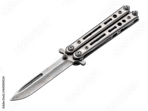 A detailed studio shot captures the sleek form of a butterfly knife, with its silver metallic finish. 