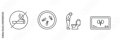 Urology health, kidney care, urinary tract, bladder infection, prostate examination, urine test, no smoking, kidney disease diagnosis, urinary problem icon vector illustration.