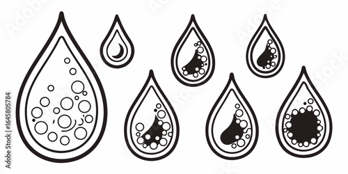 Illustration of several water droplets with varying internal compositions and a black and white color scheme