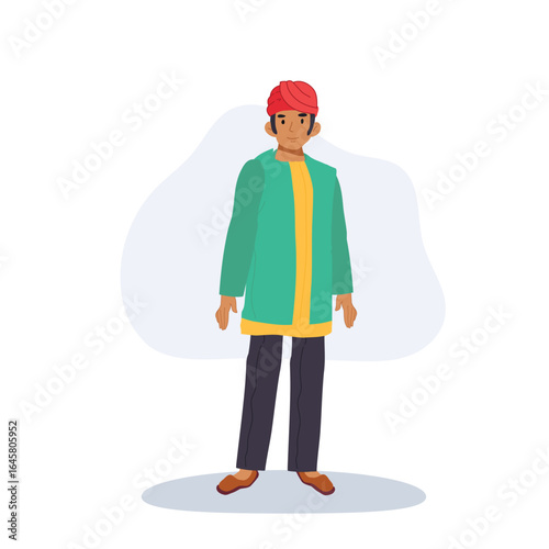 indian gentleman in green kurta with yellow trim red turban and black trousers cultural dress illustration