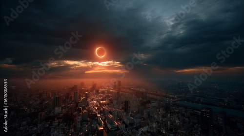 Solar Eclipse Over Modern City Skyline