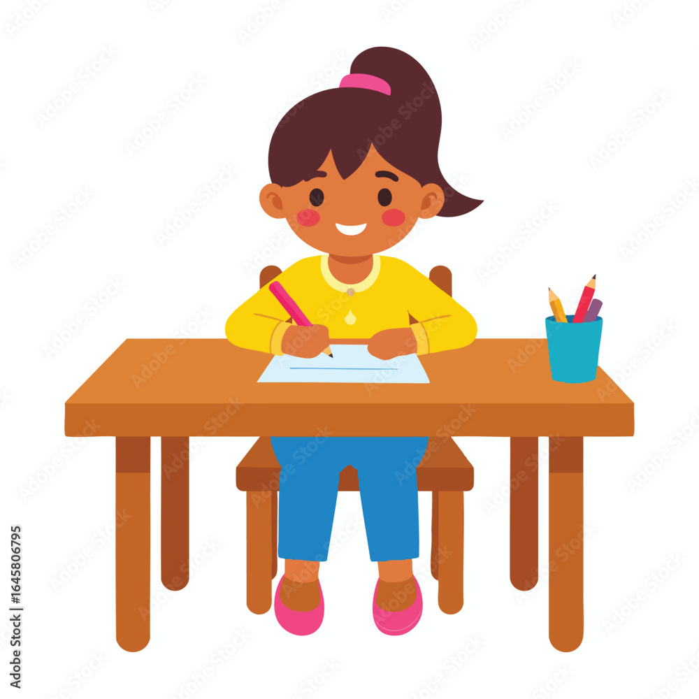 A young girl with brown hair sits at a desk, writing on a paper with a pencil. A young girl with brown hair sits at a desk, writing on a paper with a pencil.